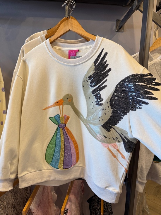 QUEEN OF SPARKLES Tops - QUEEN OF SPARKLES Beige Stork & Bundle Sweatshirt
